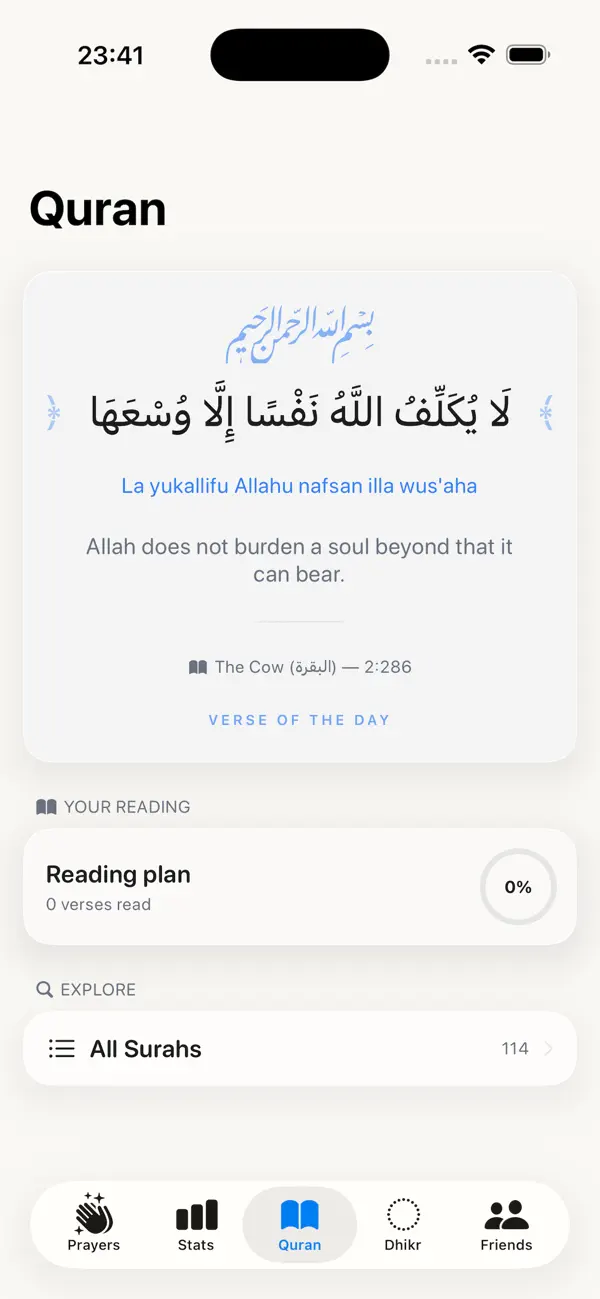 Mizan Quran view with the verse of the day and reading plan